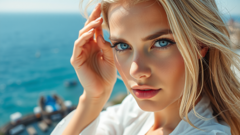 Jeune femme blonde aux yeux bleus, souriante et naturelle, posant dans une ambiance lumineuse et chaleureuse.
